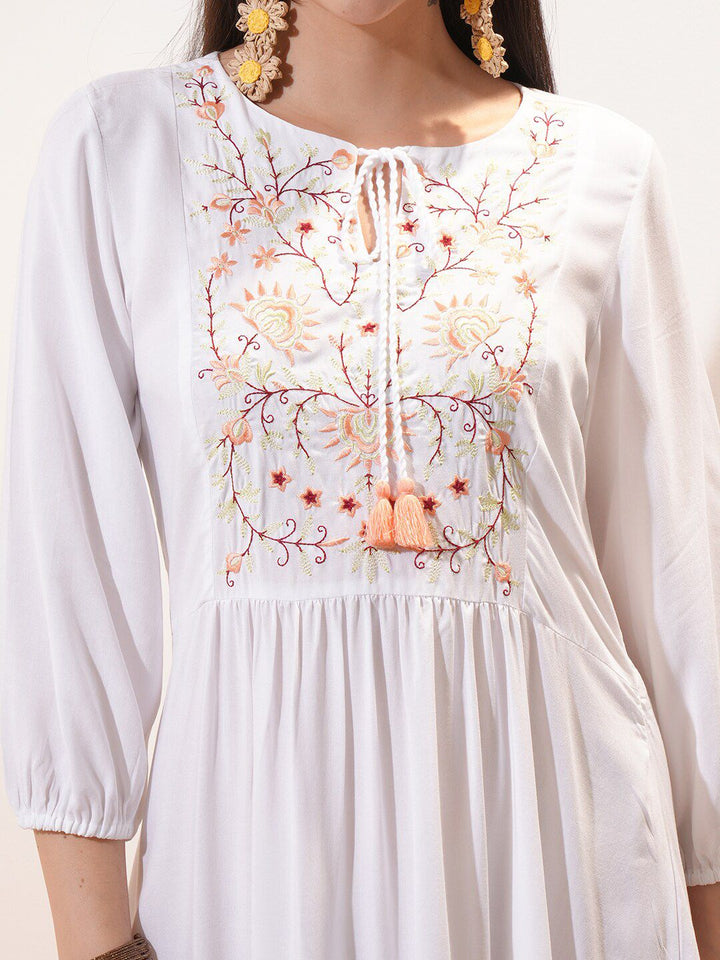 Vishudh White Floral Printed Tie-Up Neck Puff Sleeve Fit & Flare Dress