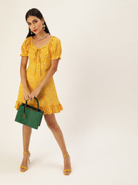Berrylush Women Yellow & White Floral Printed Ruffled A-Line Dress with Tie-Up Detail