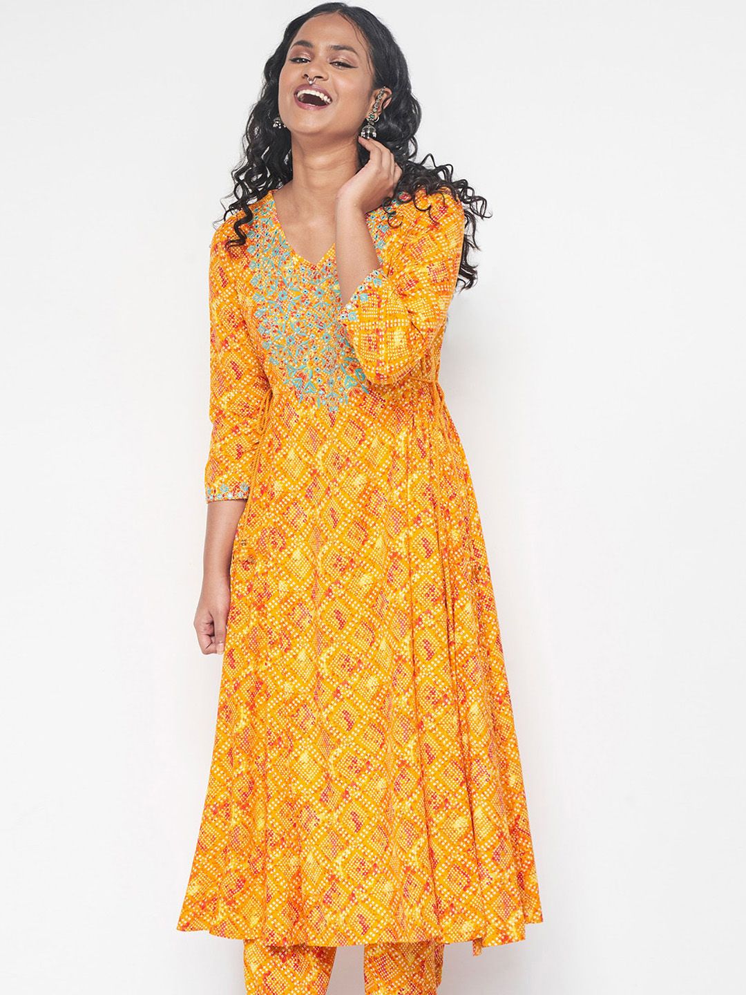 Global Desi Bandhani Printed Thread Work Anarkali Kurta