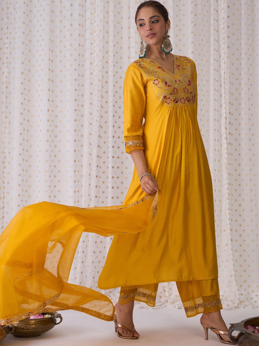 Indo Era Floral Embroidered Empire Liva A-Line Kurta With Palazzo & Dupatta
