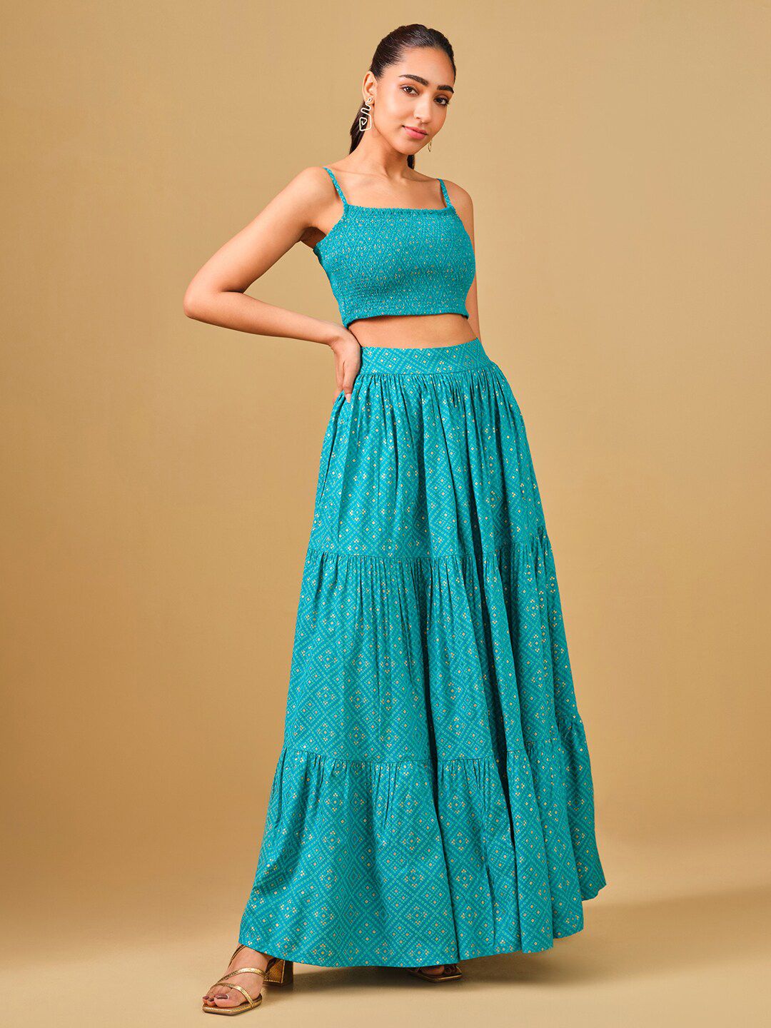 Global Desi Printed Crop Top & Maxi Skirt Co-ords