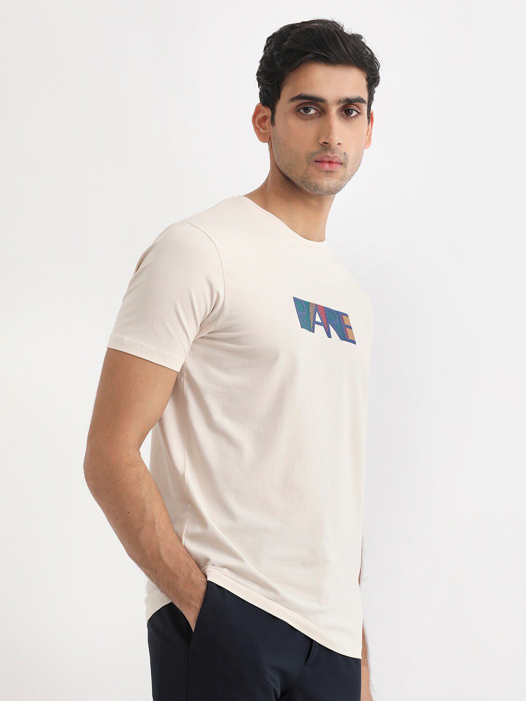 RARE RABBIT Men Caxton Typography Printed Pure Cotton Slim Fit T-Shirt