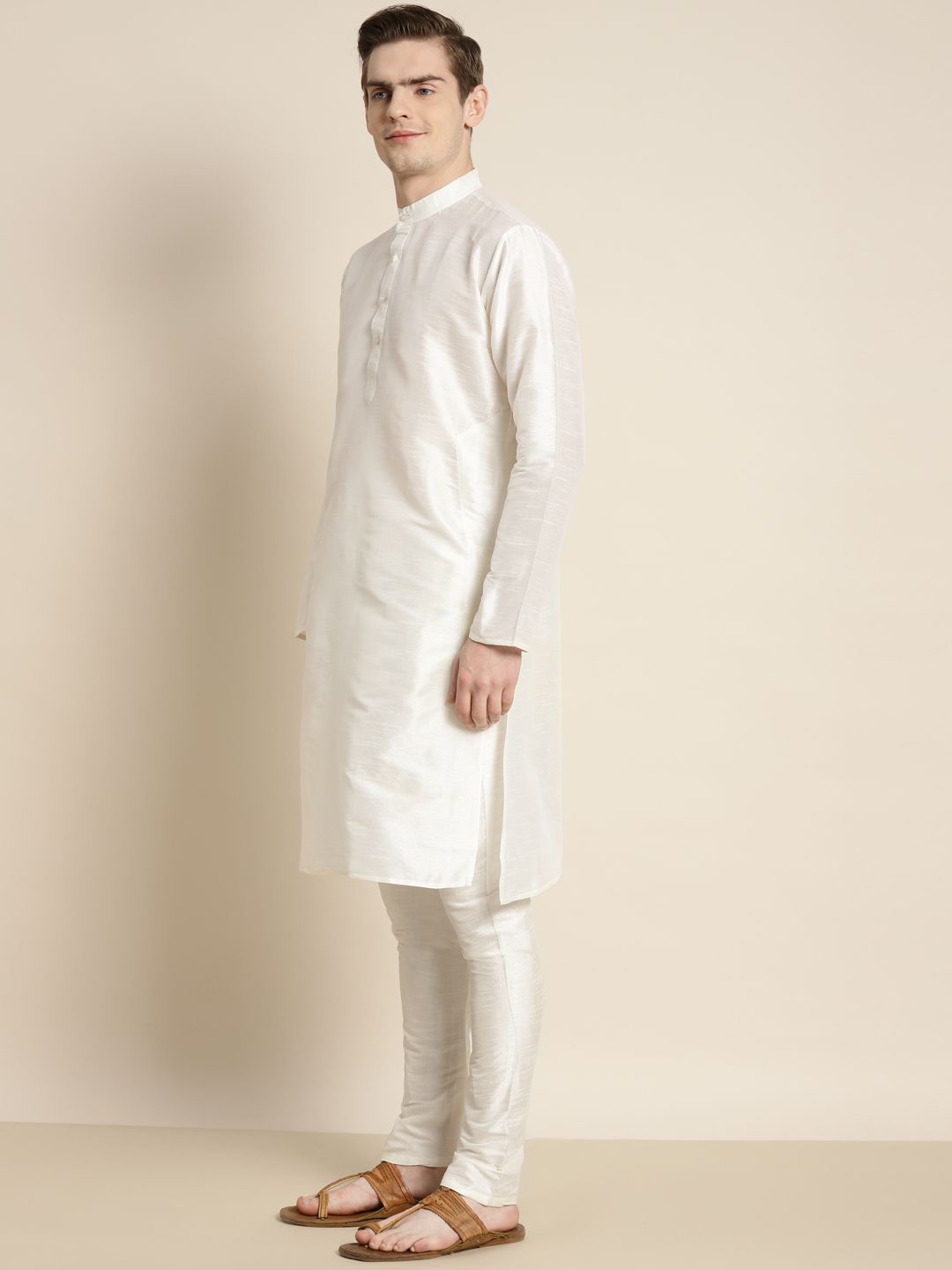 SOJANYA Men Off White Embroidered Mirror Work Kurta with Churidar