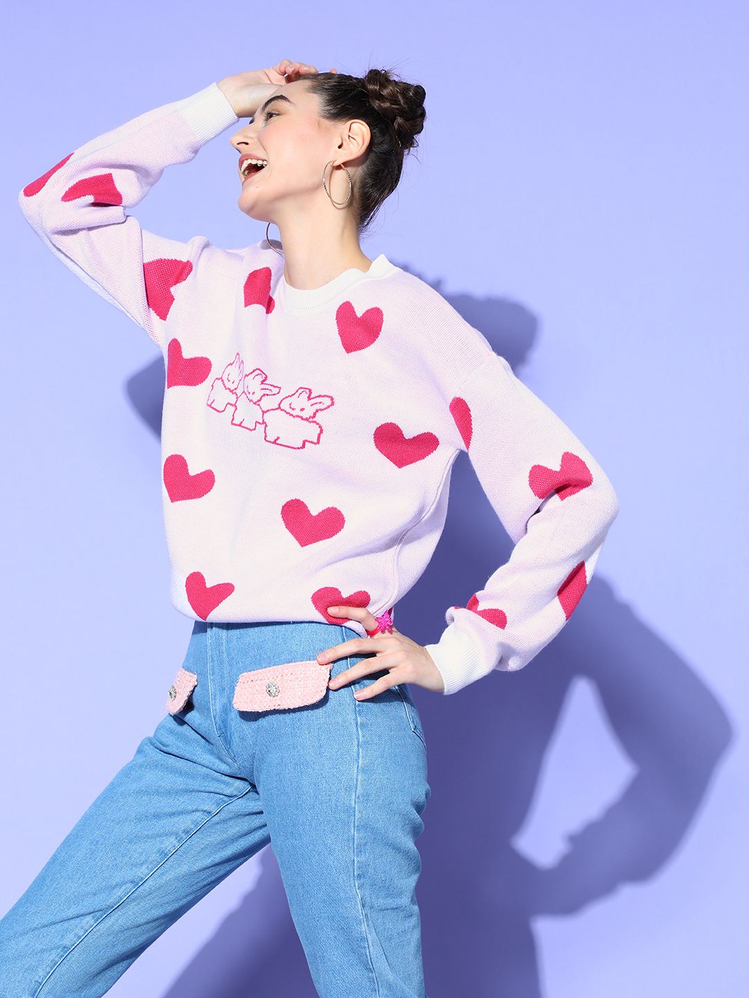 Berrylush Women Stylish White Geometric Knits Bits Sweater