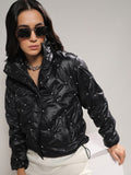 Kampus Sutra Hitam Hiasan Windcheater Puffer Jaket