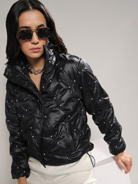 Kampus Sutra Hitam Hiasan Windcheater Puffer Jaket