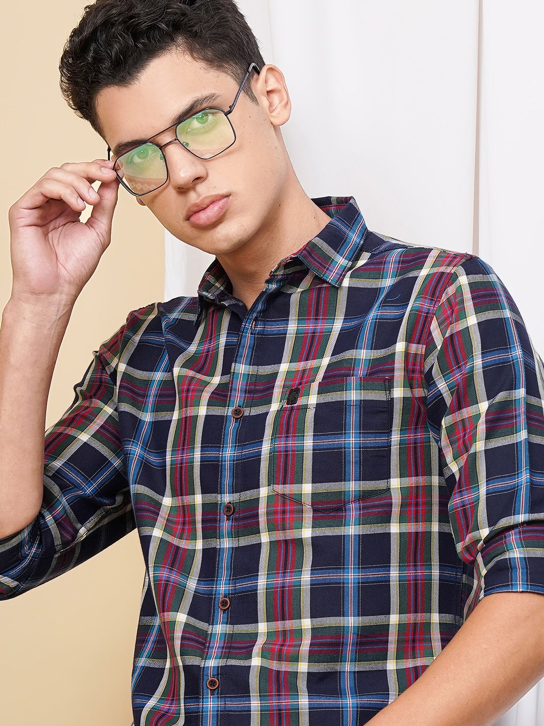 The Indian Garage Co Men Navy Blue & Grey Checked Pure Cotton Casual Shirt