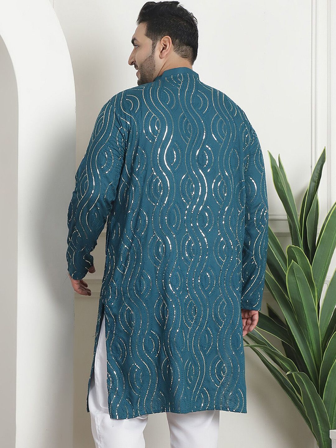 SOJANYA PLUS PLus Size Ethnic Motifs Embroidered Band Collar Long Sleeves Straight Kurta