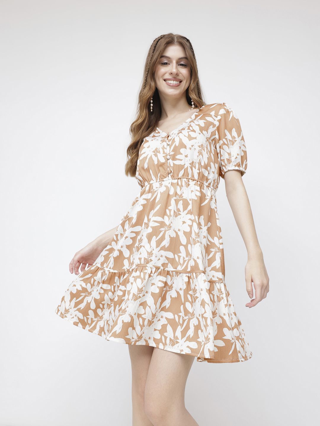 DressBerry Mocha Florals Tiered Down Dress