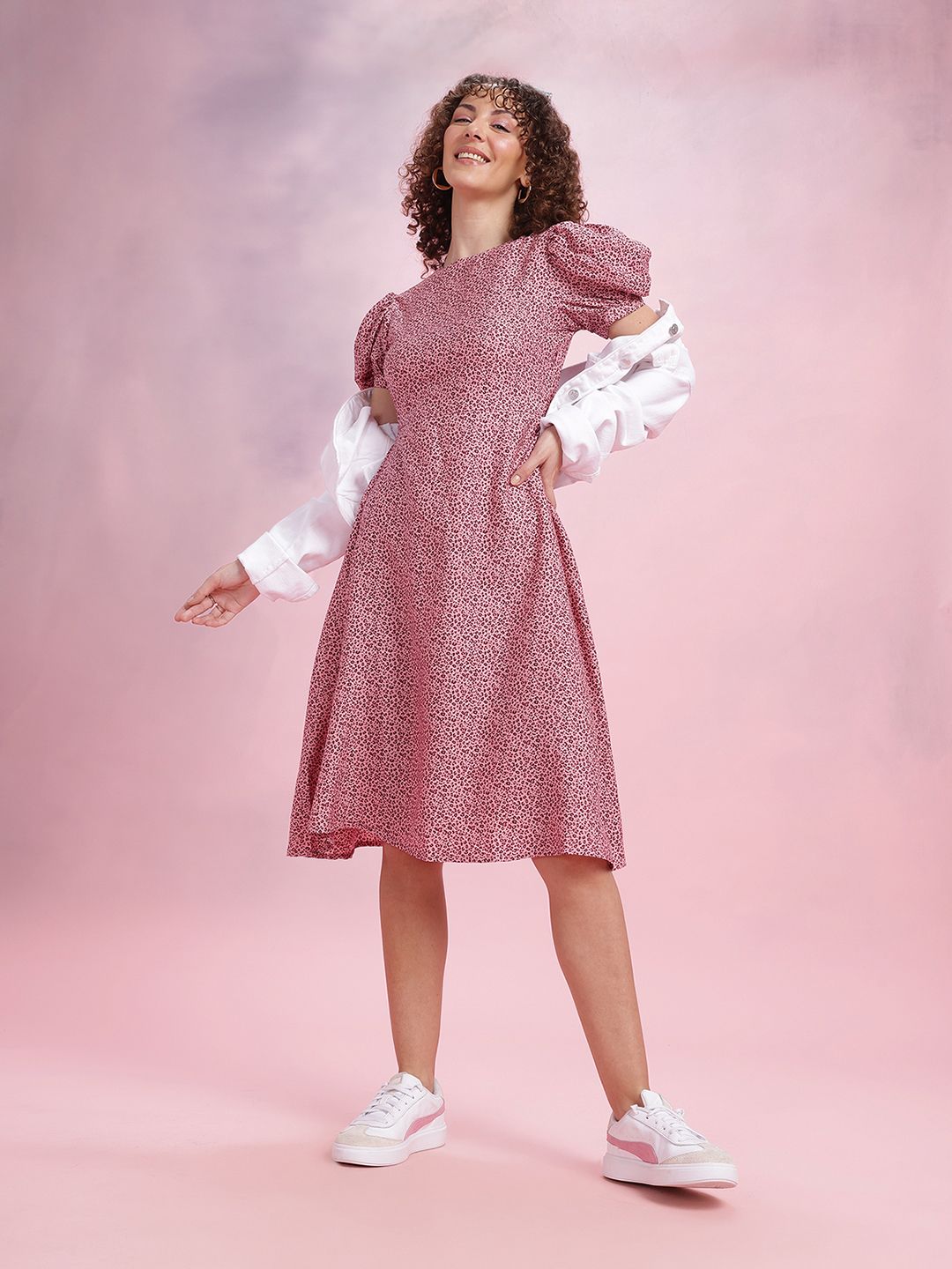 DressBerry Printed Puff Sleeve Fit & Flare Dress