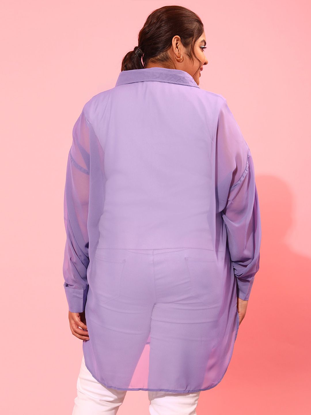 CURVY STREET Button Cuff Long Sleeves Longline Sheer Casual Shirt