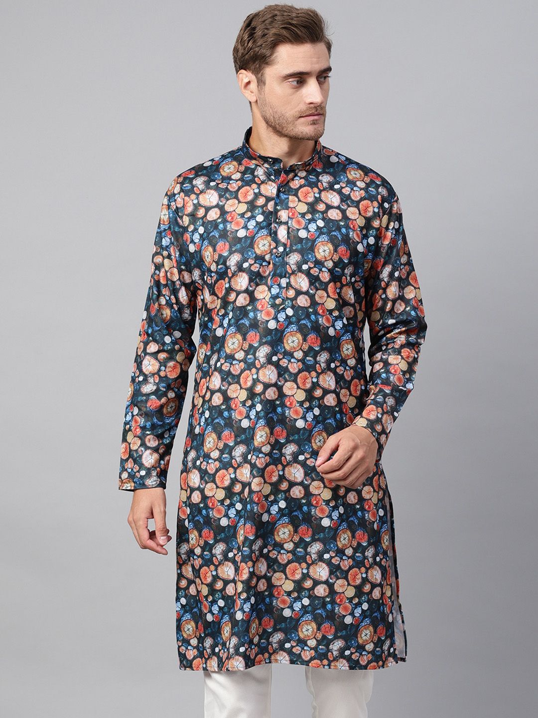 SOJANYA Kurta Lurus Bercetak Biru Lelaki