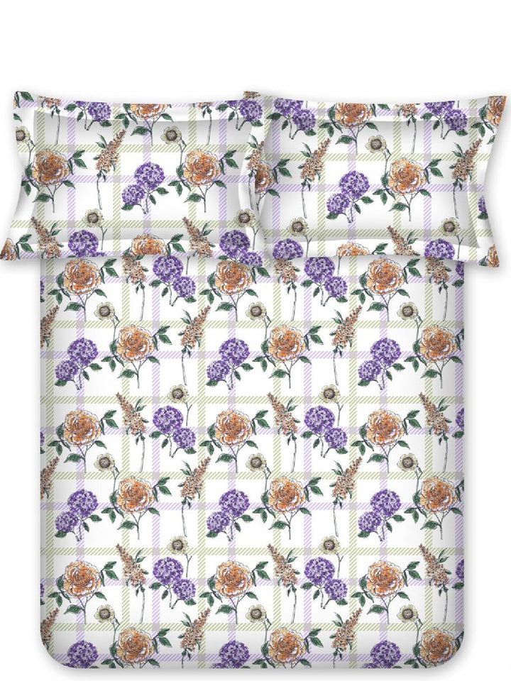 BOMBAY DYEING Allure Purple Floral Cotton 144TC Fitted Bedsheet Set-1.52m X 1.98m X30cm