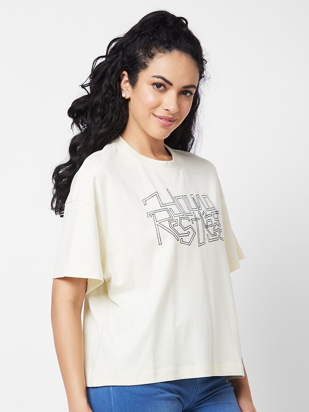 SPYKAR Typography Printed Drop Shoulder Sleeves Oversized T-shirt