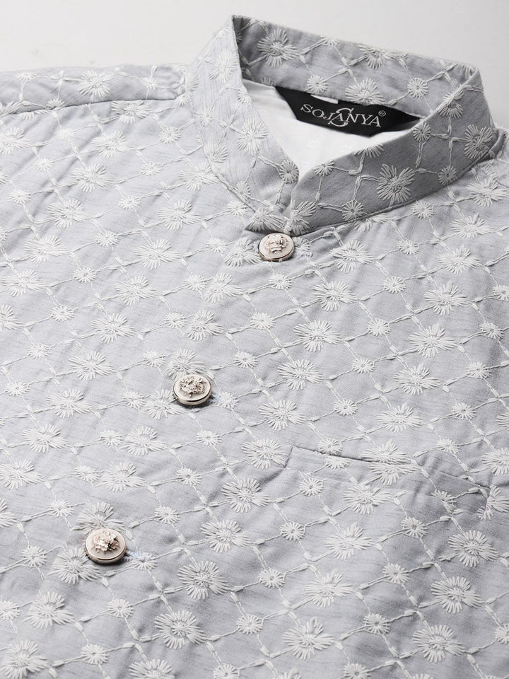 SOJANYA Lelaki Motif Etnik Kelabu & Hijau Kurta Sulam Churidar
