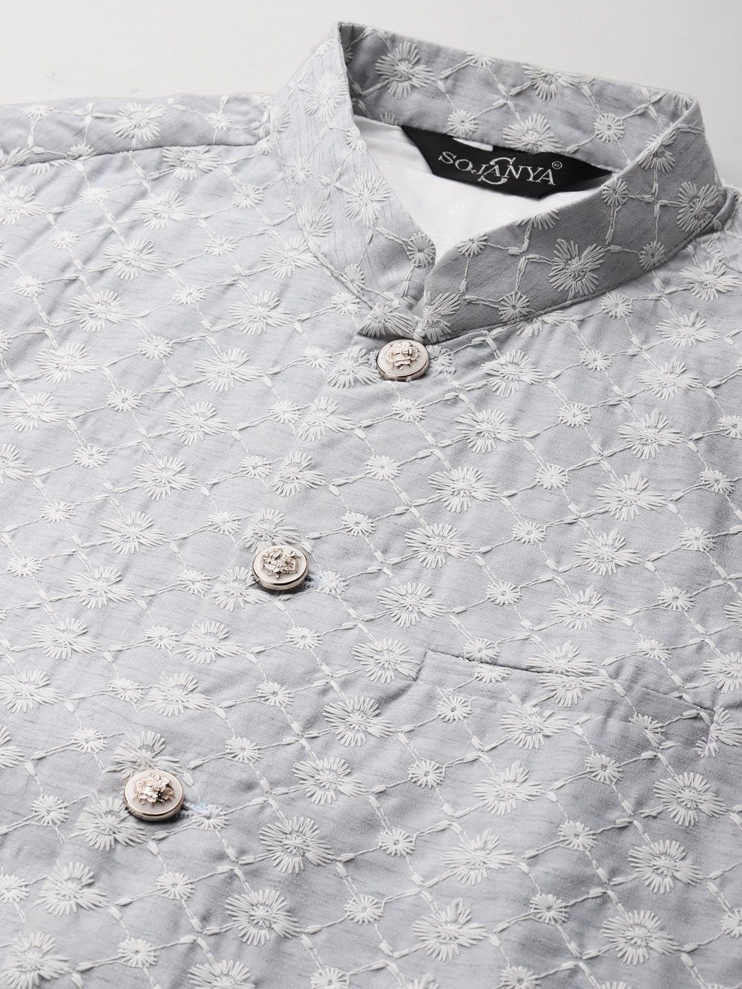 SOJANYA Lelaki Motif Etnik Kelabu & Hijau Kurta Sulam Churidar