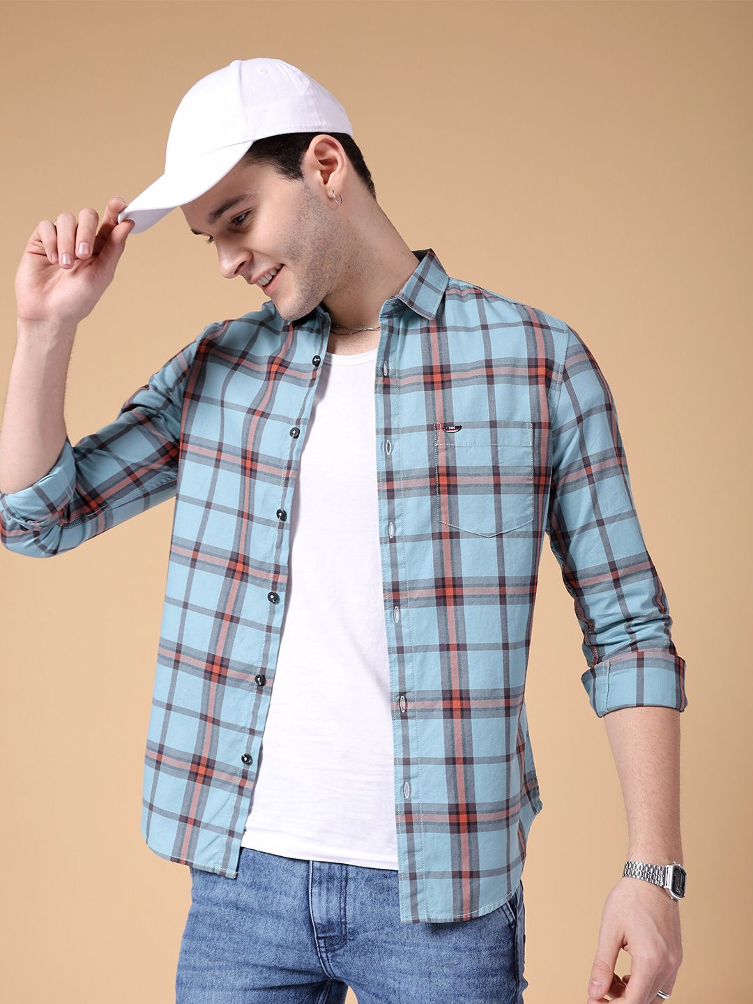The Indian Garage Co Slim Fit Tartan Checked Pure Cotton Casual Shirt
