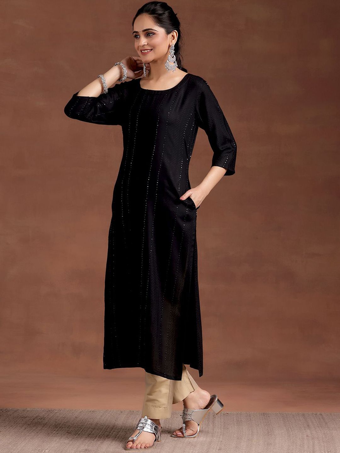 Libas Geometric Woven Design Sequinned Straight Kurta