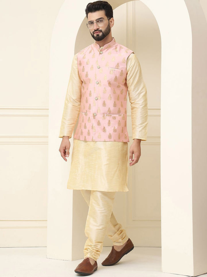 SOJANYA Mandarin Collar Silk Cotton Kurta With Churidar & Woven Design Nehru Jacket