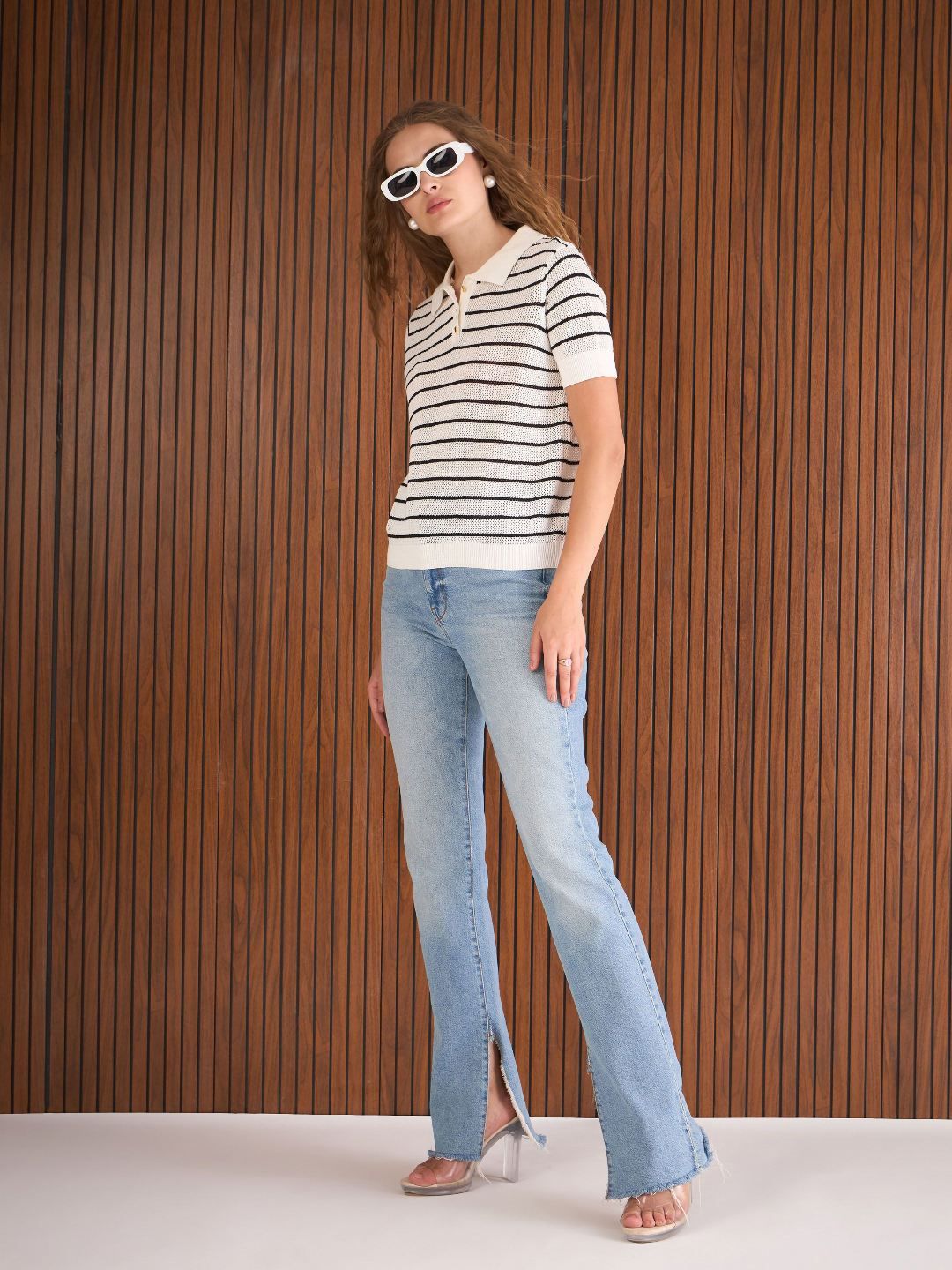 SASSAFRAS Stripess Polo Collar Crochet T-Shirt