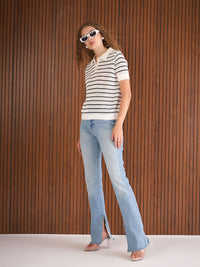 SASSAFRAS Stripess Polo Collar Crochet T-Shirt