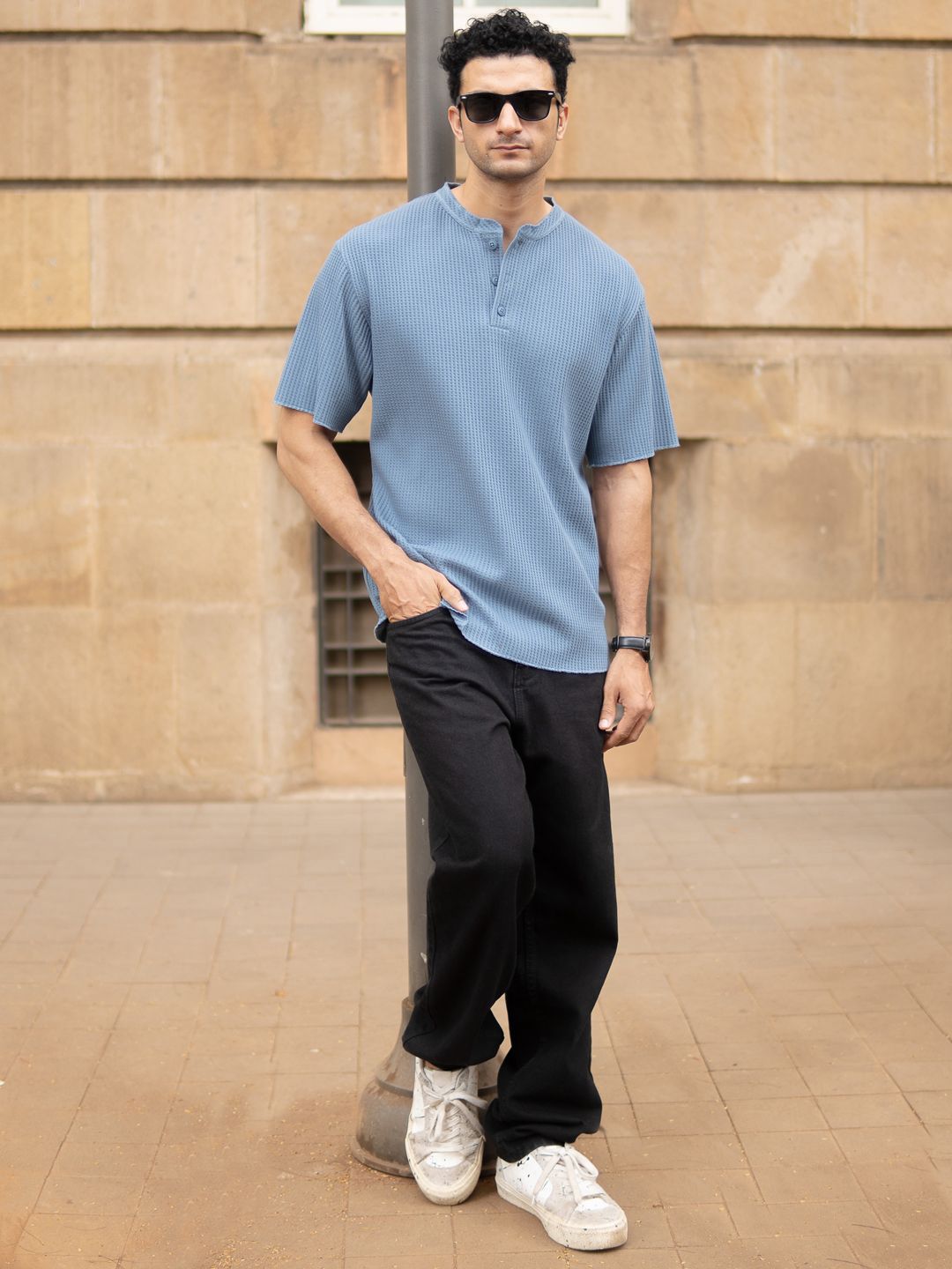 Powerlook SS25 Oversized Typography Printed Structure Knit Henley Neck T-Shirt