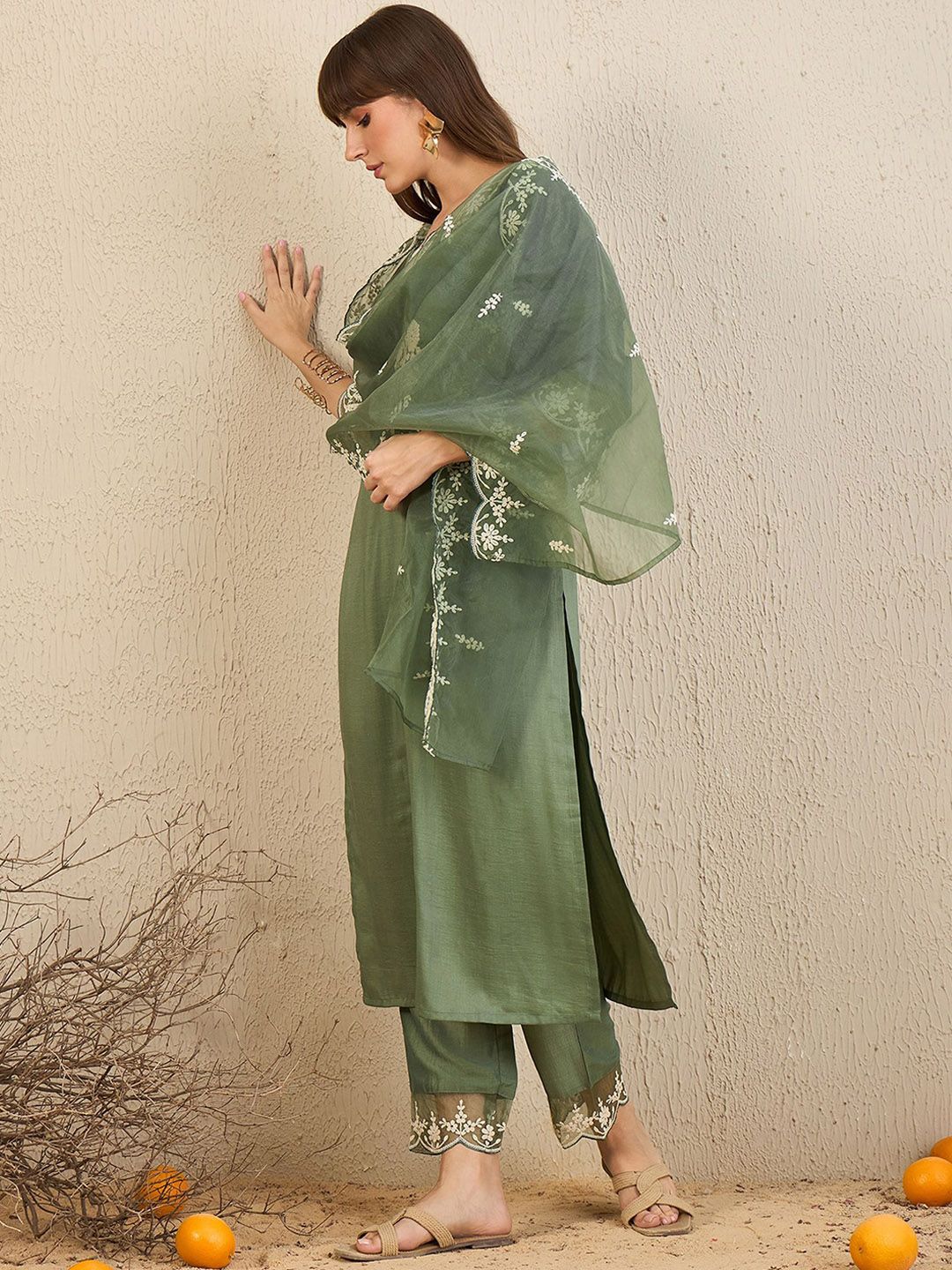 Indo Era Floral Embroidered Straight Kurta With Trousers & Dupatta