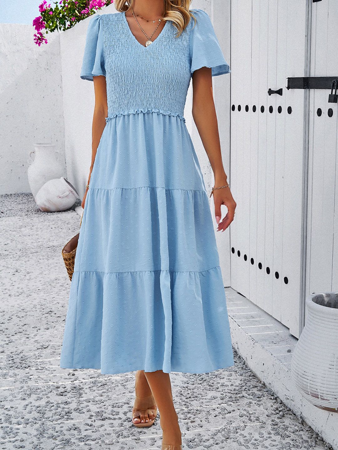 all about you Blue Flared V-Neck Flutter Sleeve Fit & Flare Midi Dress