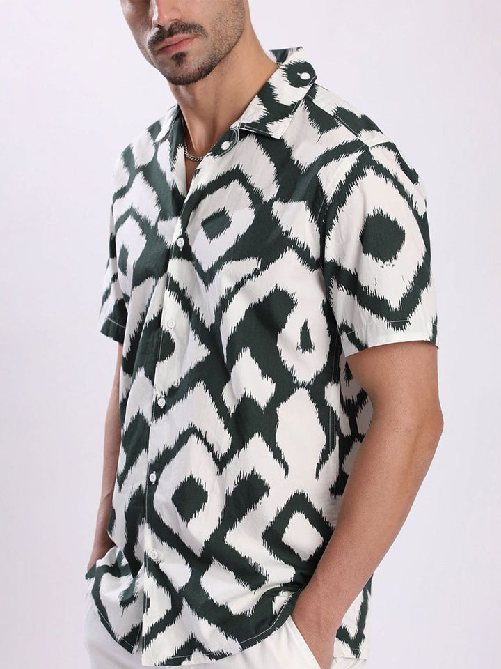 Bene Kleed Men Geometric Printed Cuban Collar Cotton Casual Shirt
