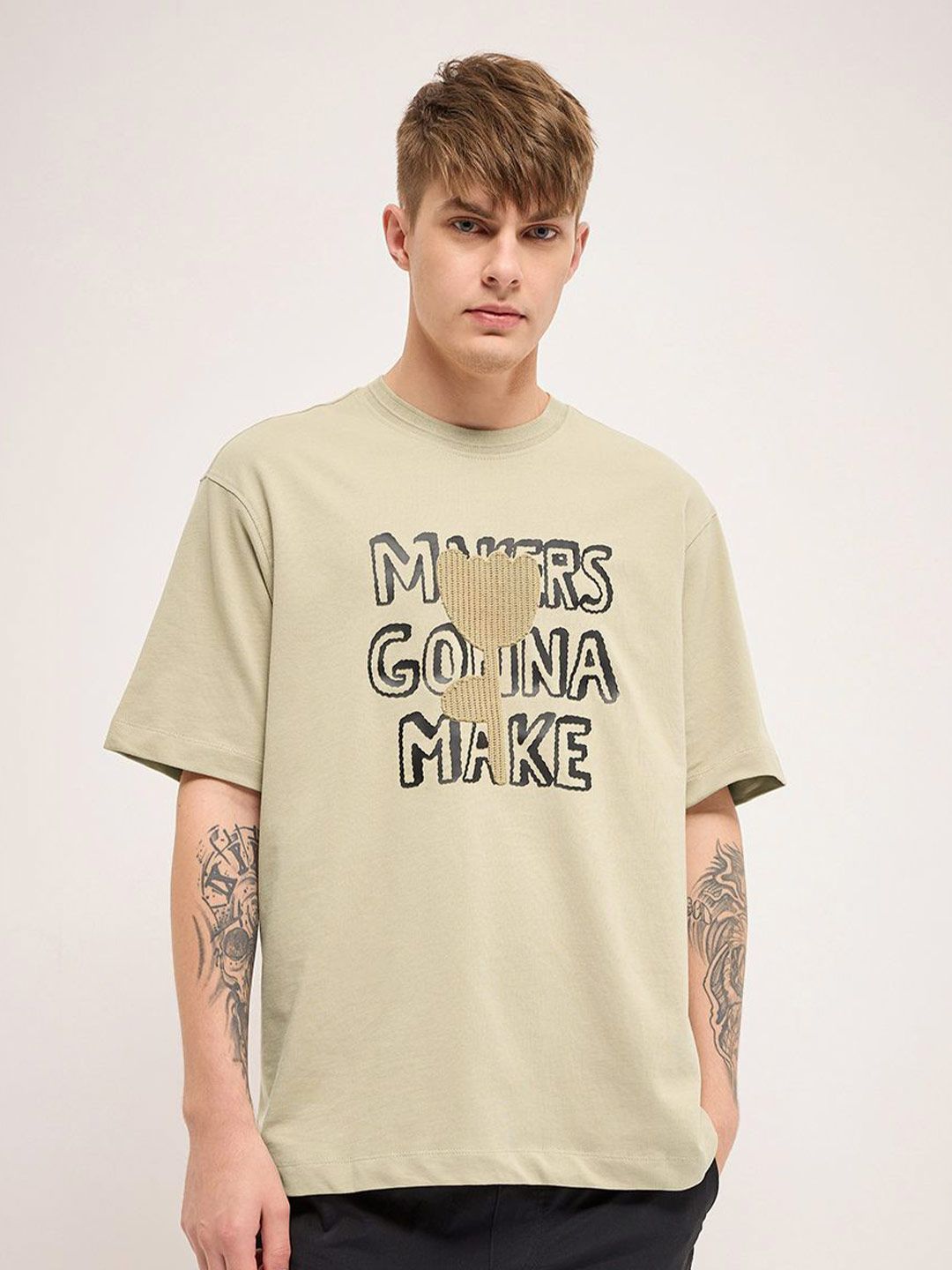 THE BEAR HOUSE Men Graphic Printed Round Neck Cotton Oversized T-shirt