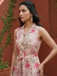 Mamicha Floral Printed Sleeveless Crepe Fit And Flare Midi Dress