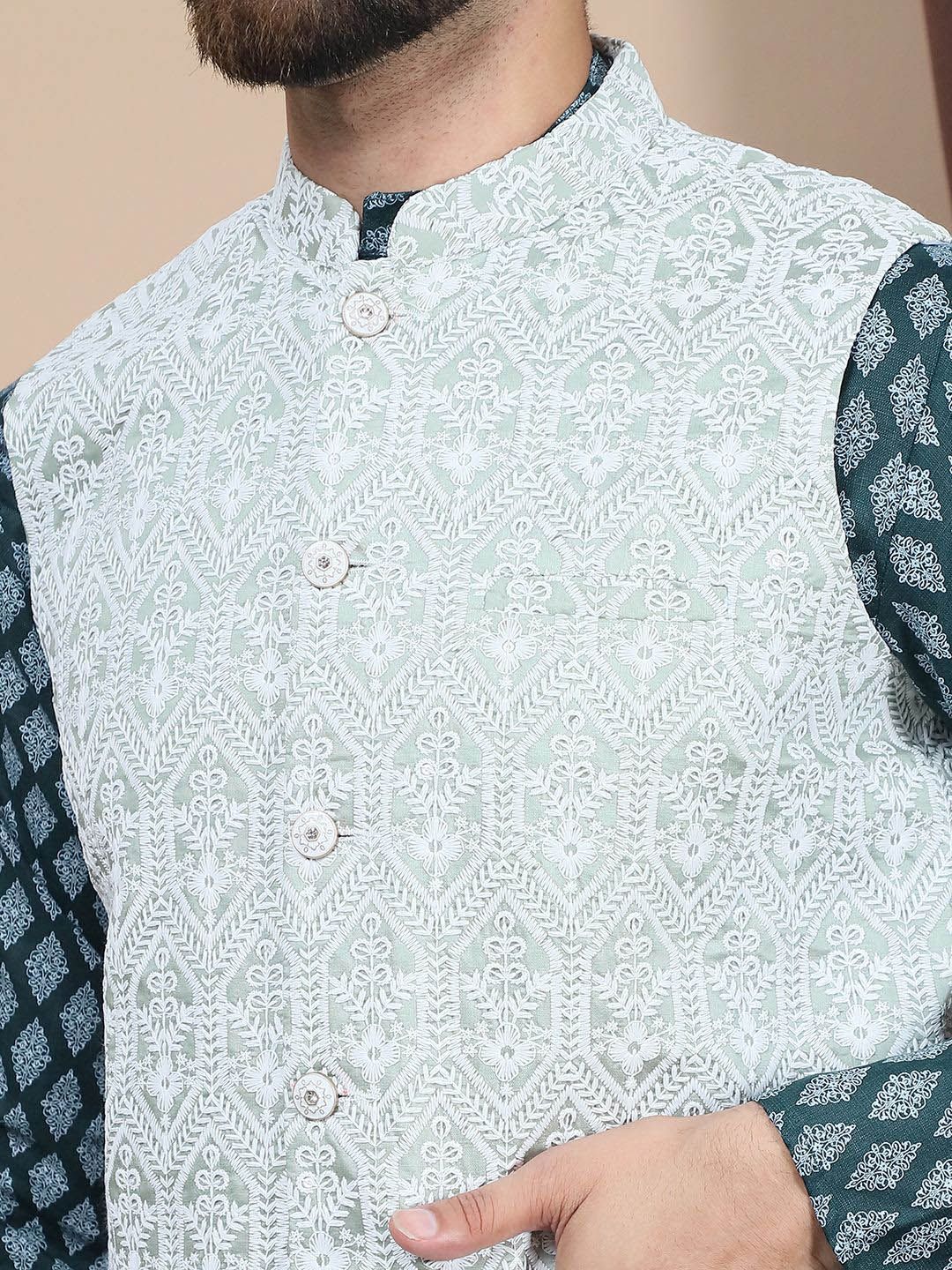 Anouk Floral Printed Regular Pure Cotton Straight Kurta With Churidar & Nehru Jacket