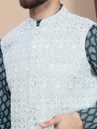 Anouk Floral Printed Regular Pure Cotton Straight Kurta With Churidar & Nehru Jacket