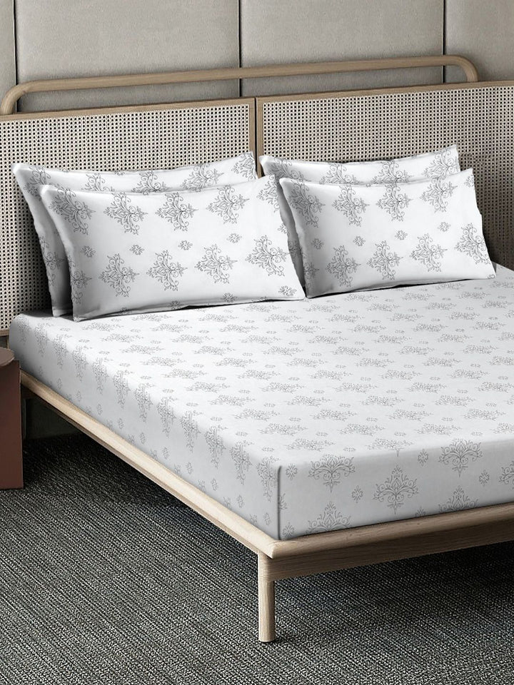 Myntra Elegant Homes White & Grey Floral 400 TC Cadar dengan 2 Sarung Bantal