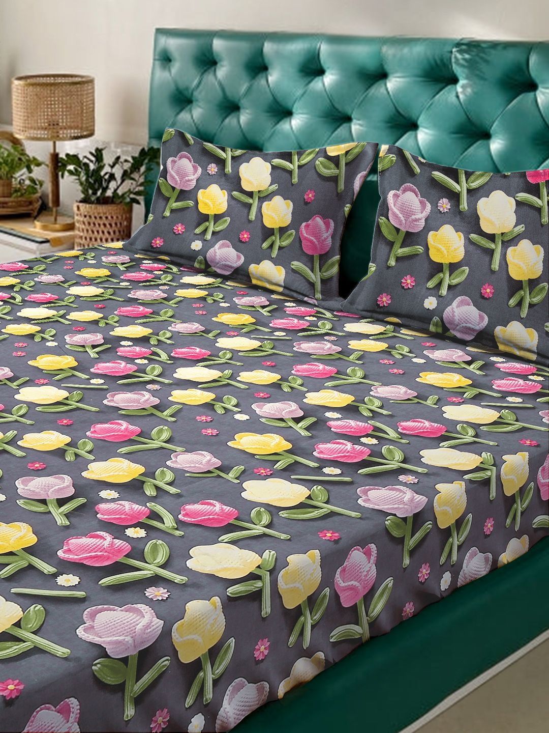 Myntra Elegant Grey Floral 300 TC King 7D Cadar dengan 2 Sarung Bantal