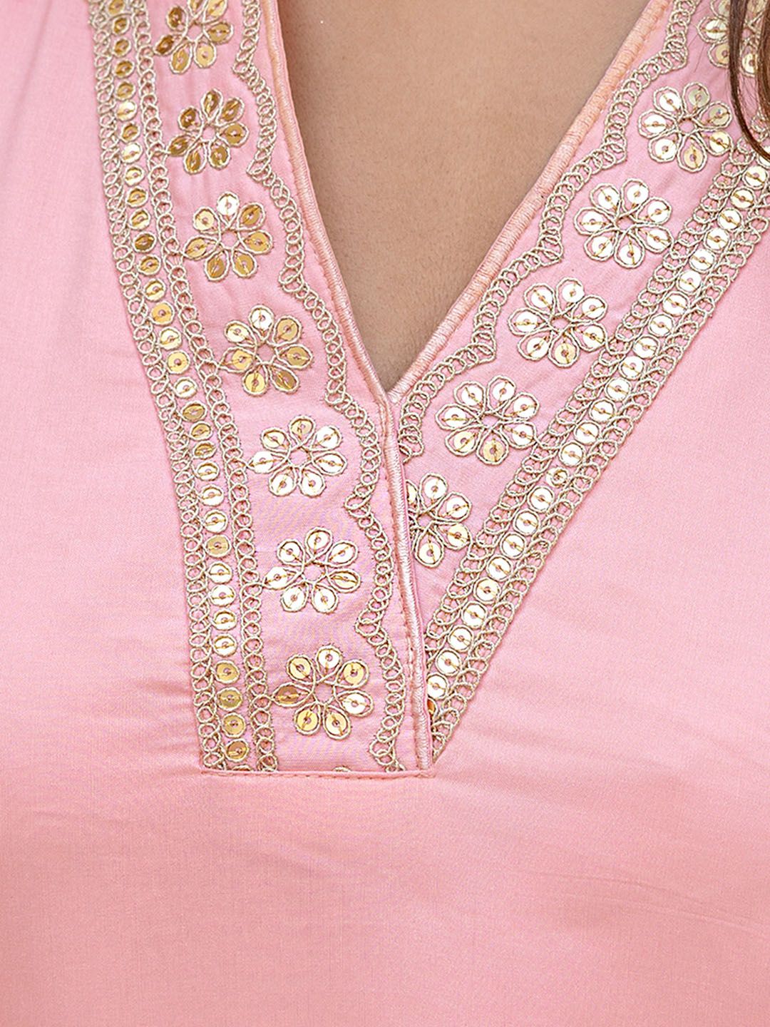KALINI Floral Yoke Design Zari Gotta Patti Kurta with Trousers & Dupatta