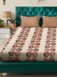 KLOTTHE Brown And White Floral Printed Cotton 400 TC Double Bedsheet Set 2.50 m x 2.20 m