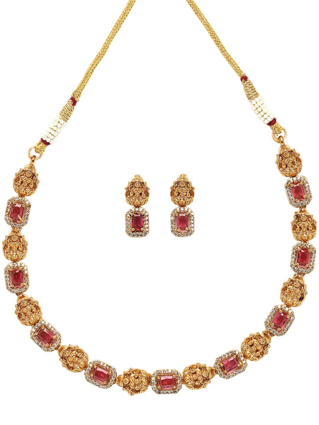 KARATCART Gold Plated Stone Studded Laxmi Mata Temple Necklace and Earrings