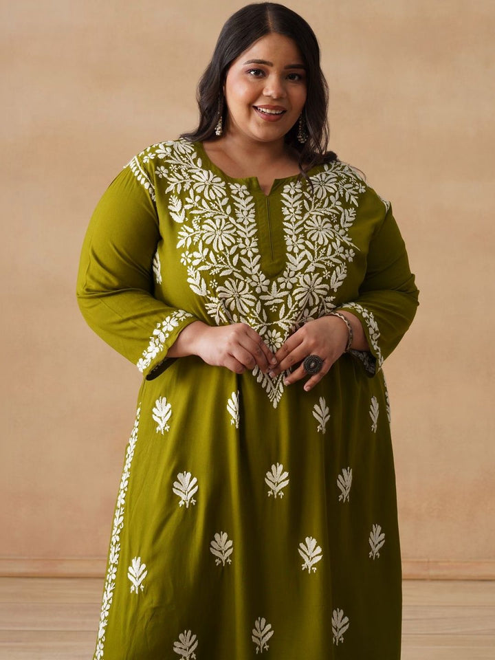 House of Chikankari Women Solid Olive 2 Pieces Regular Kurta with Trousers Set