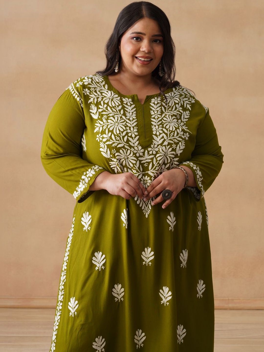 House of Chikankari Women Solid Olive 2 Pieces Regular Kurta with Trousers Set