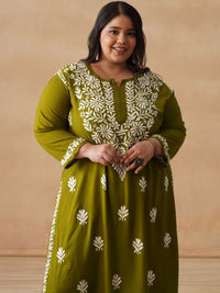 House of Chikankari Women Solid Olive 2 Pieces Regular Kurta with Trousers Set