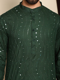 Anouk Green Mandarin Collar Sequinned Pure Cotton Straight Kurta with Pyjamas