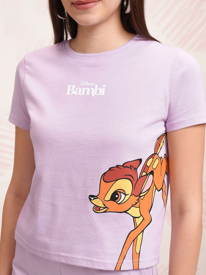 Tokyo Talkies Lavender Disney Bambi Printed Pure Cotton T Shirt With Trouser