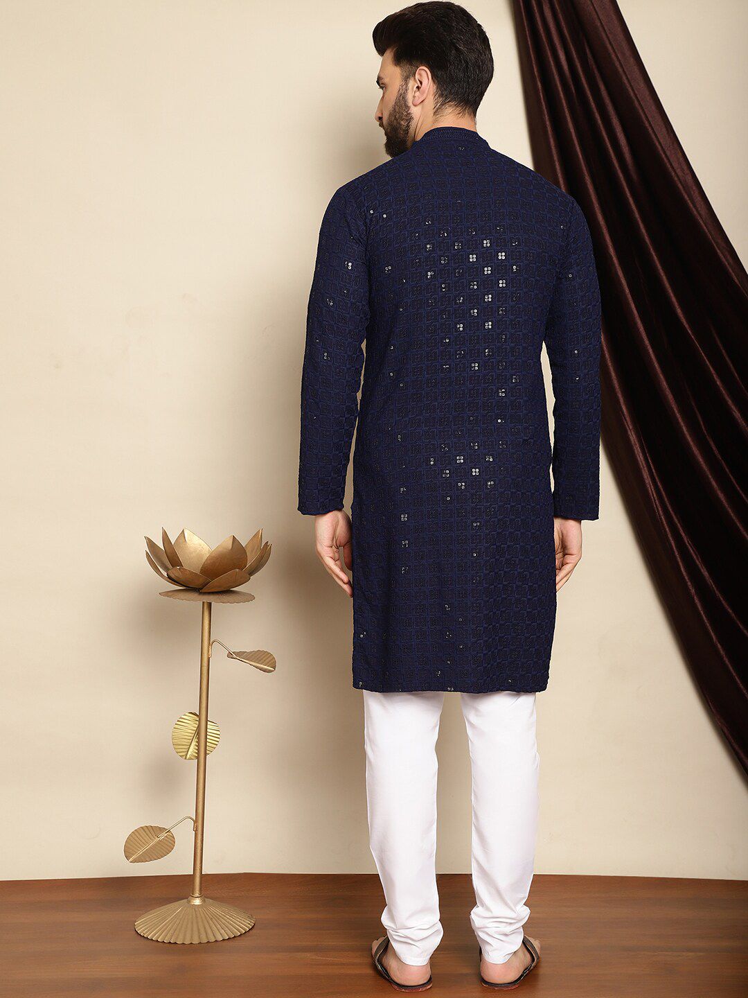 Anouk Embroidered Sequinned Mandarin Collar Pure Cotton Kurta With Churidar