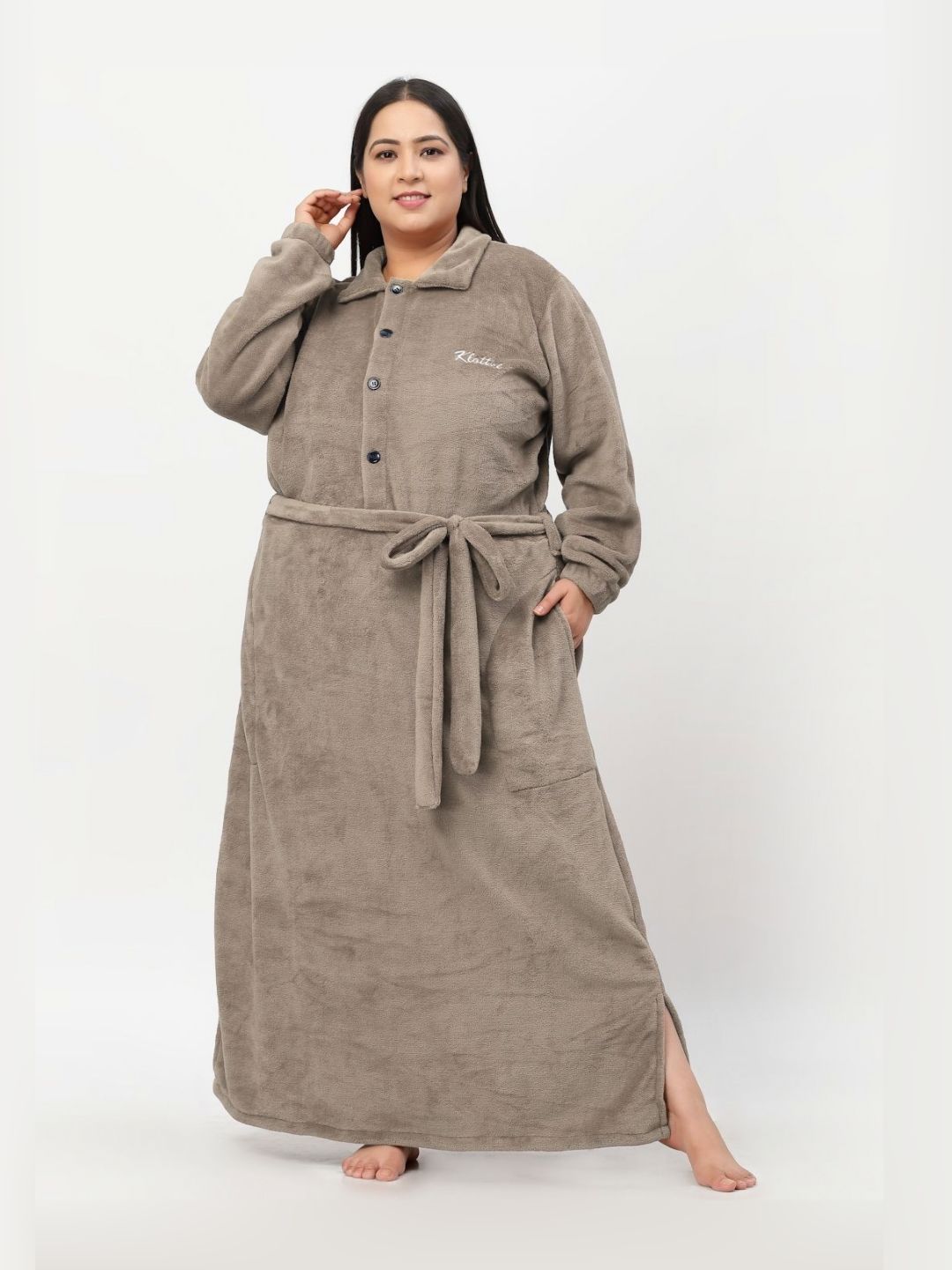 KLOTTHE Plus Size Brown Woollen Long Sleeves Bath Robe With Belt