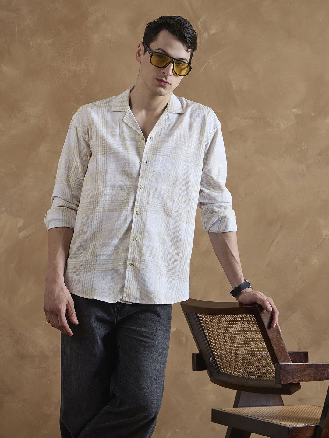 DENNISON Yellow and White Oversized Cuban Collar Checkered Shirt