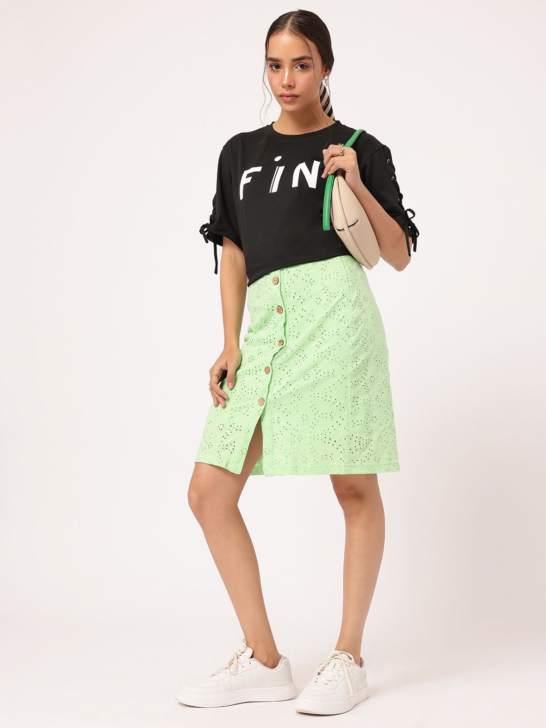 DressBerry Elevated MonoBasic Lace-Up Flared Sleeves Printed Tee