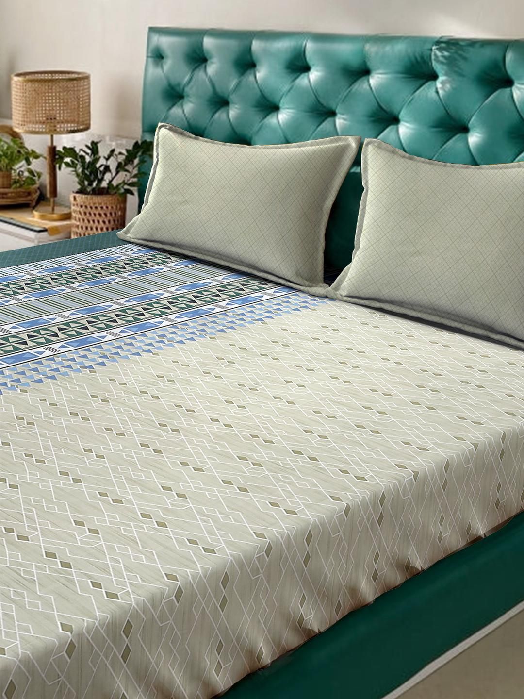 KLOTTHE Olive & Blue Geometric Printed 400 TC Cotton Set Cadar King 2.70 m x 2.70 m