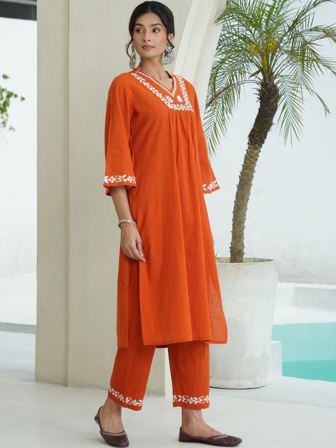 House of Chikankari Wanita 2 Keping Kurta Kapas Tulen Biasa dengan Set Seluar