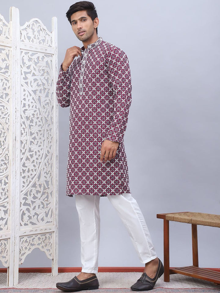Jompers Floral Embroidered Thread Work Mandarin Collar Straight Kurta with Pyjamas